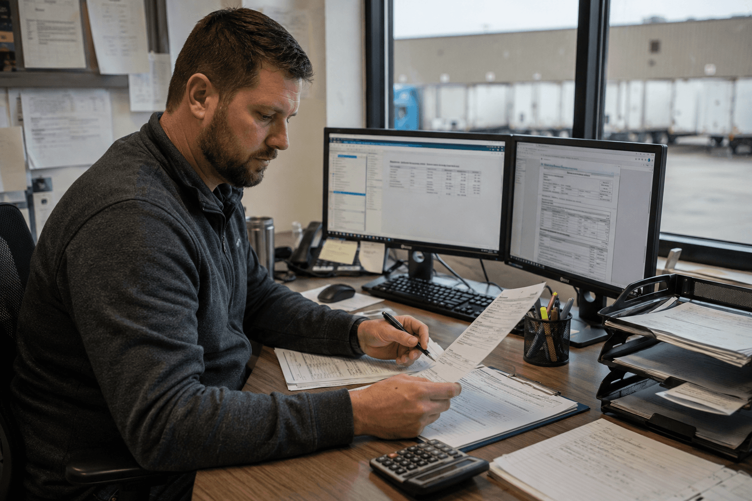 Logistics manager reviewing freight accessorial charges and shipment documents at an operations desk