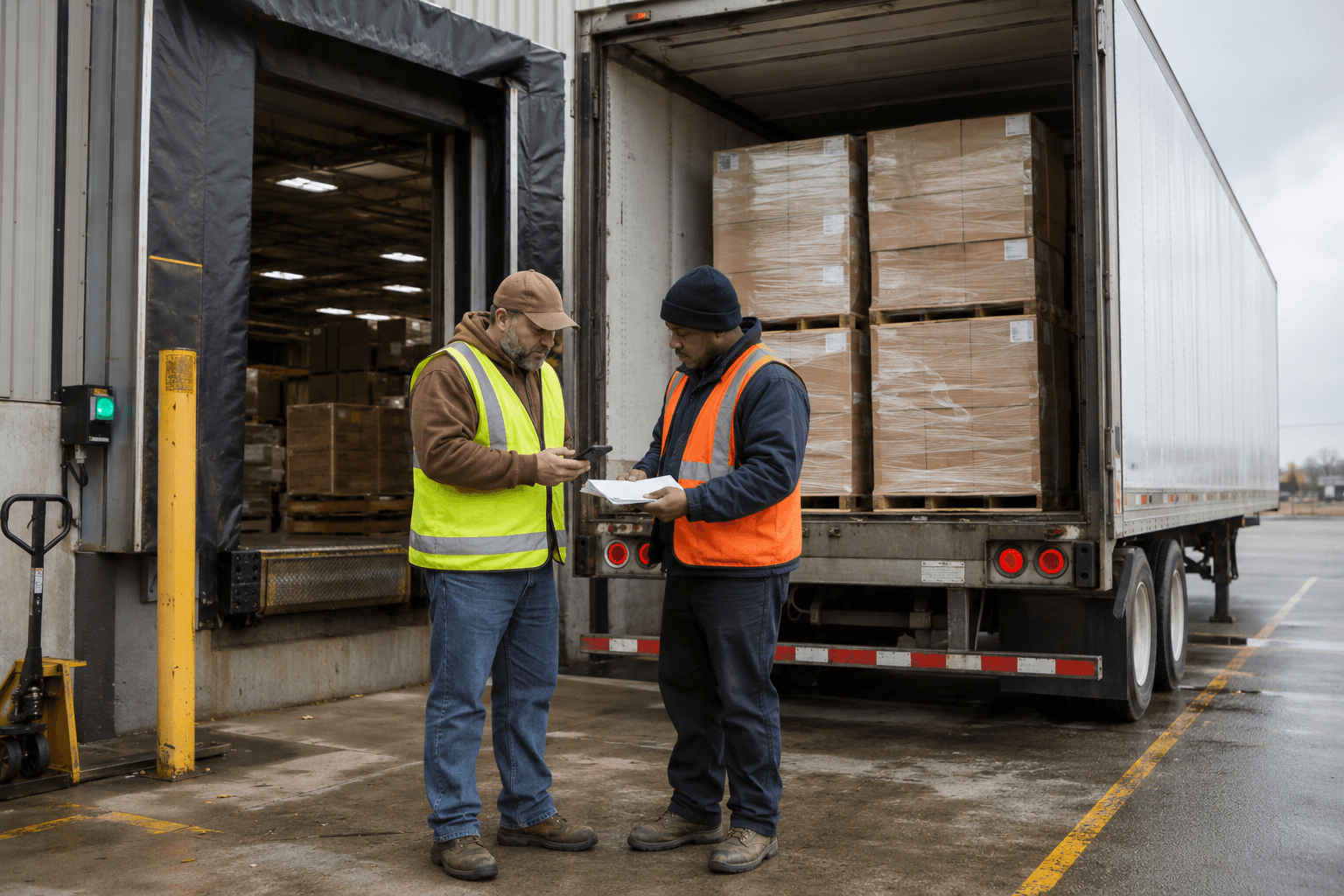 Driver and dock coordinator reviewing detention timestamps and freight documents beside a trailer