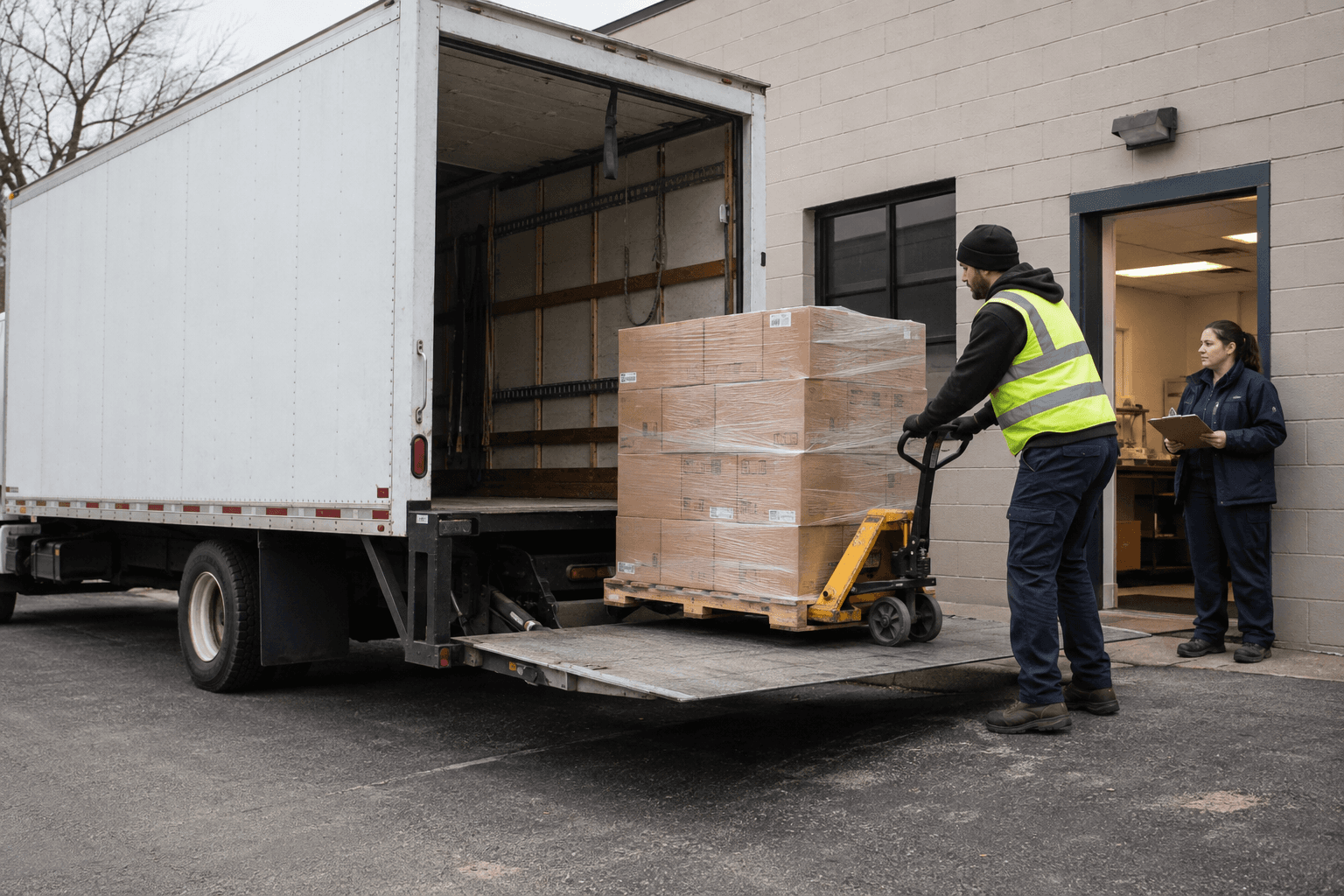 Delivery truck using a liftgate at a location without a loading dock