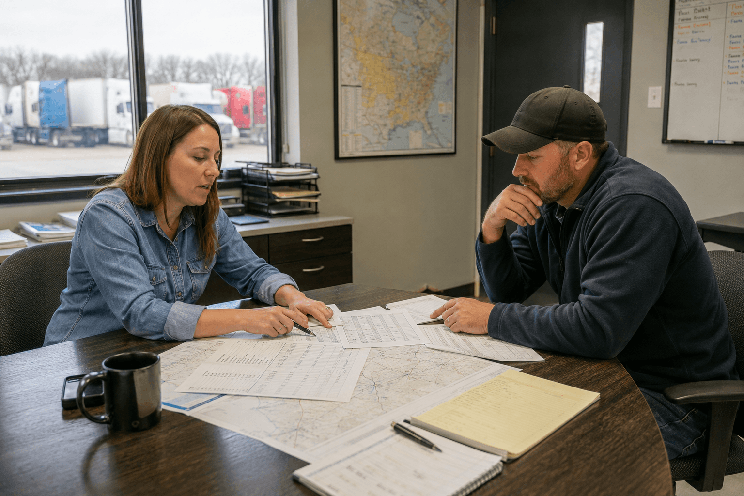 Transportation buyer and carrier representative negotiating freight rates and service terms