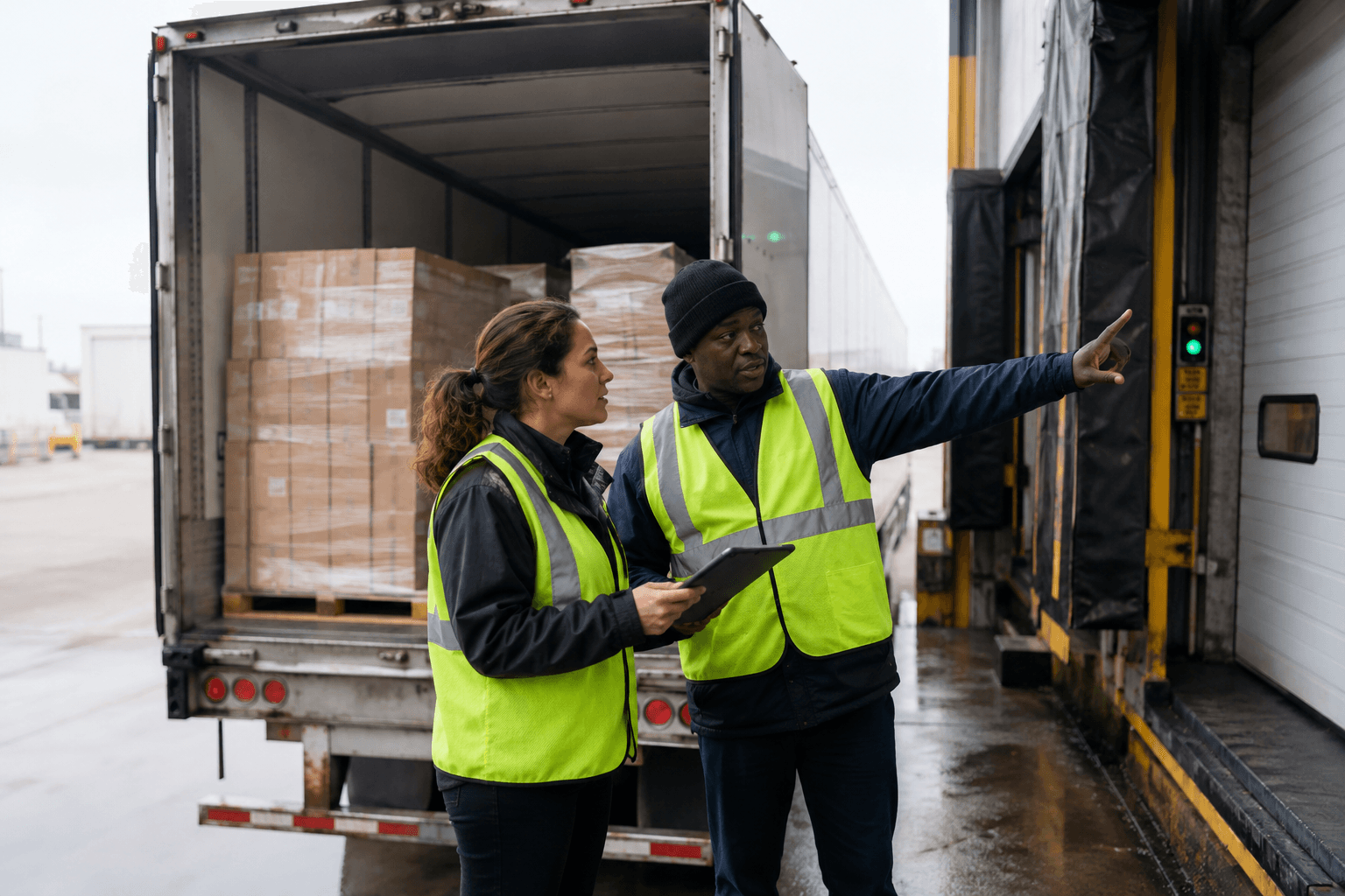 Dock supervisor and transportation buyer reviewing freight facility requirements