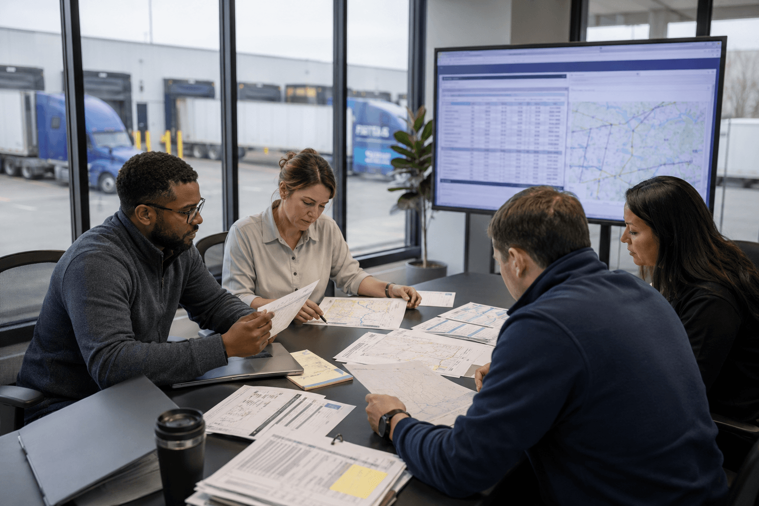 Transportation procurement team reviewing carrier proposals for a freight RFP