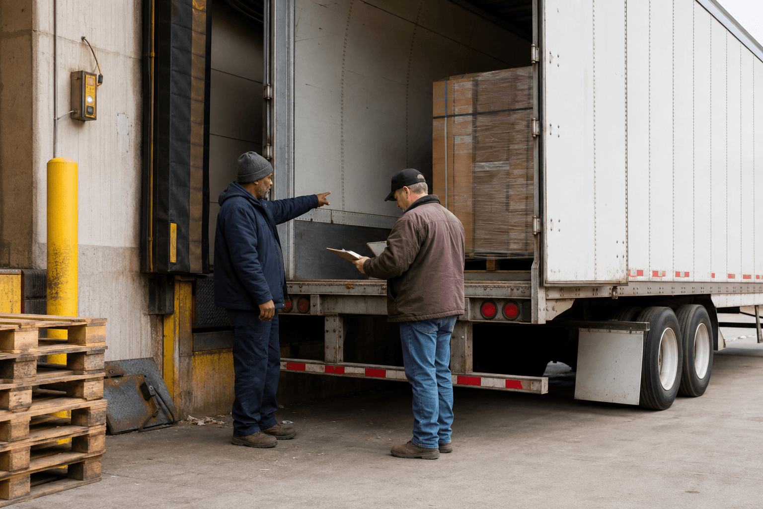 Logistics operations manager checking truck capacity in a freight yard