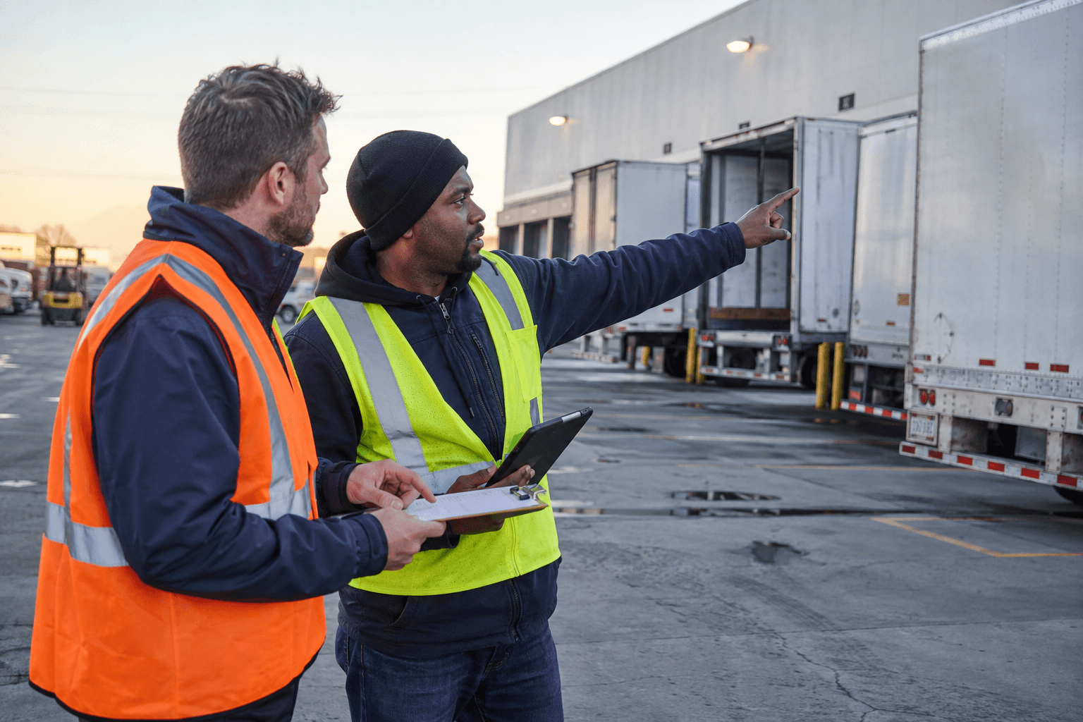 Carrier manager and dock supervisor reviewing freight capacity and pickup schedules