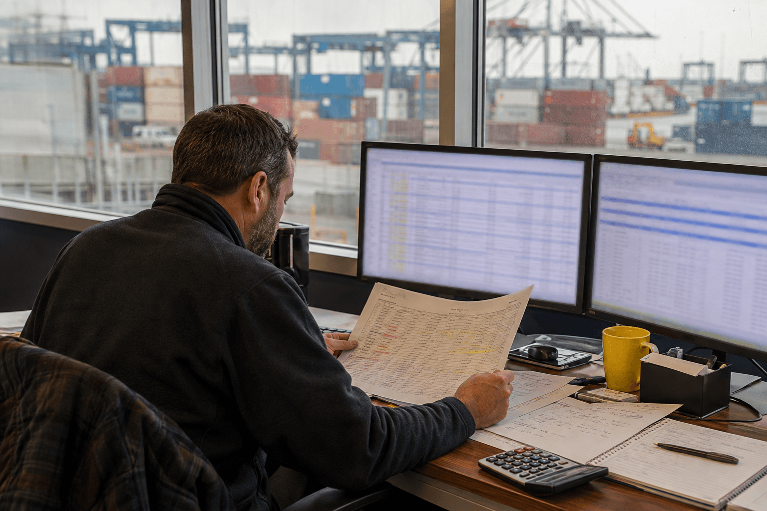 Logistics pricing professional reviewing freight rate sheets beside a container terminal