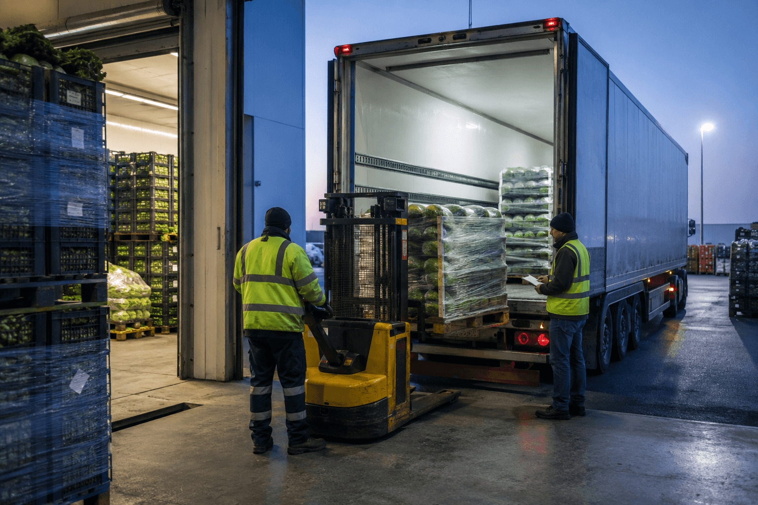 Workers loading produce into a refrigerated trailer during early-morning operations