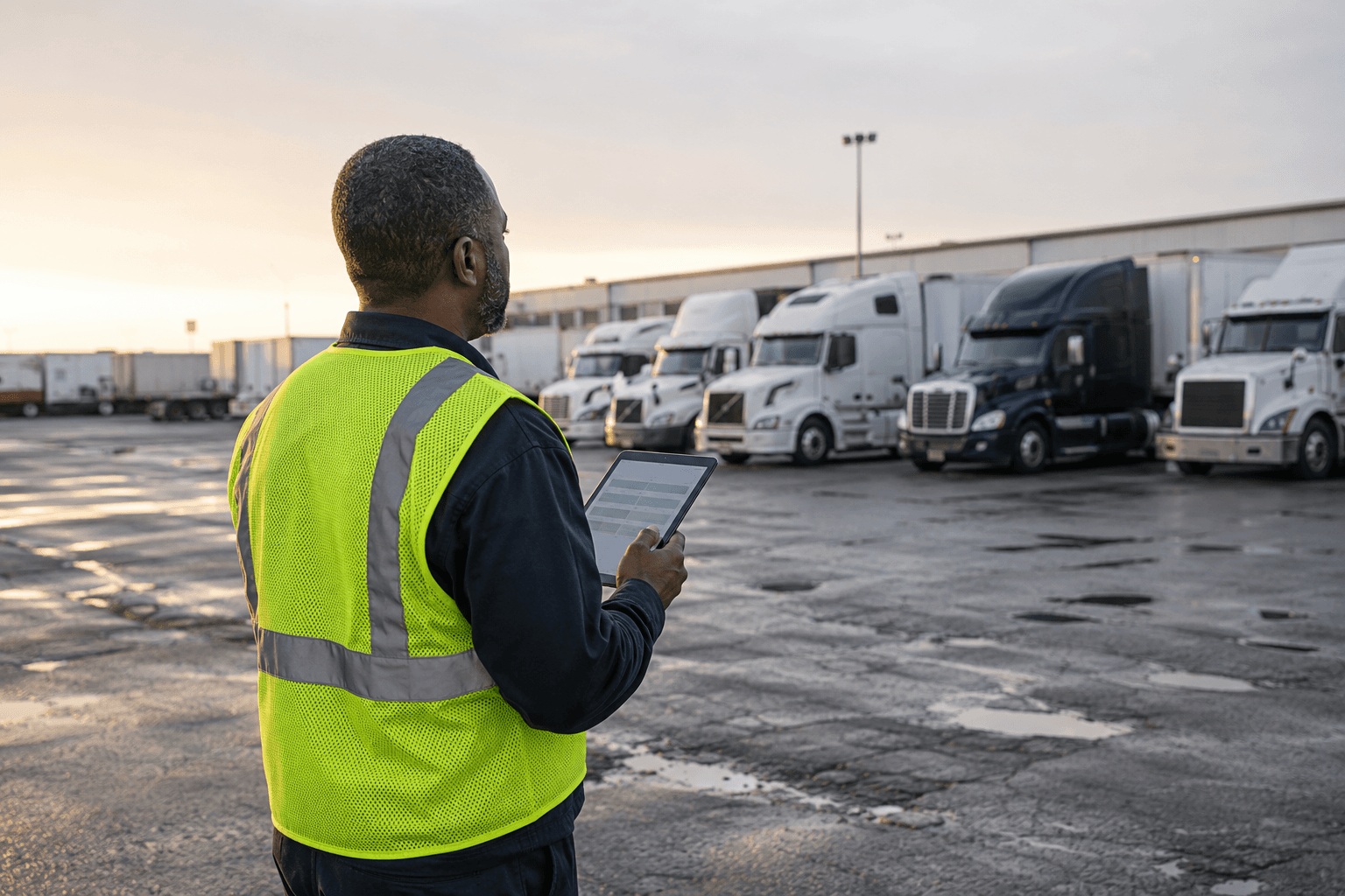 Driver and dock coordinator reviewing an urgent freight pickup beside a trailer